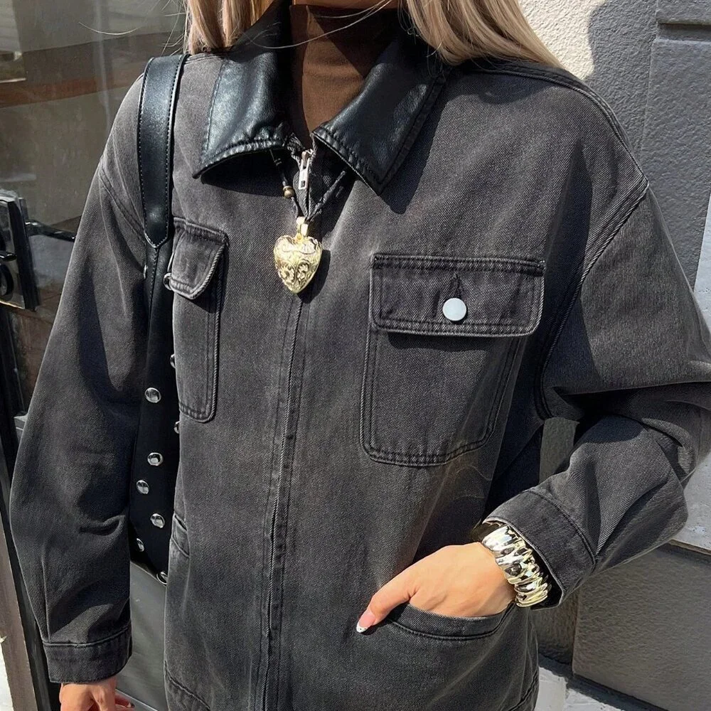 Grey Casual Women's Loose Long Sleeve Lapel Pocket Street Cowboy Jacket
